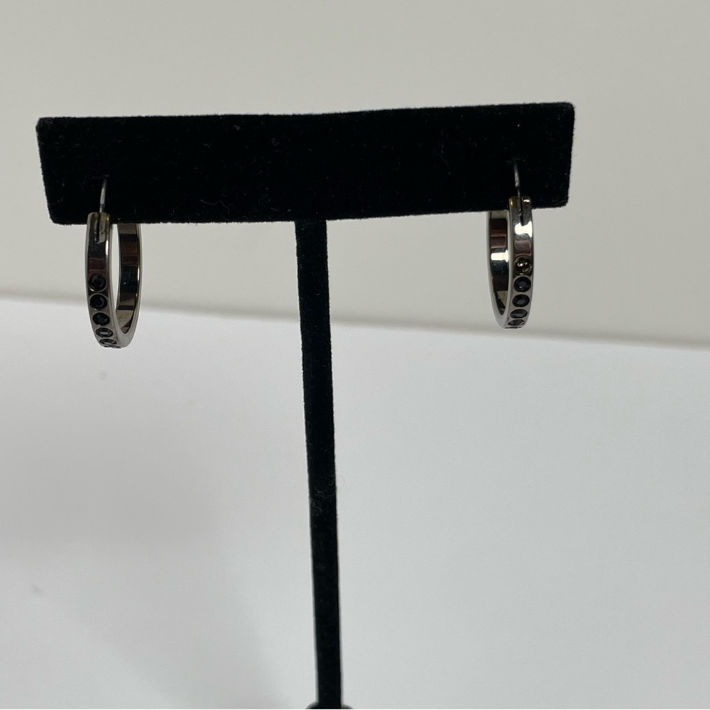 Black Rhinestone-Studded Hoop Earrings with Dark Metal